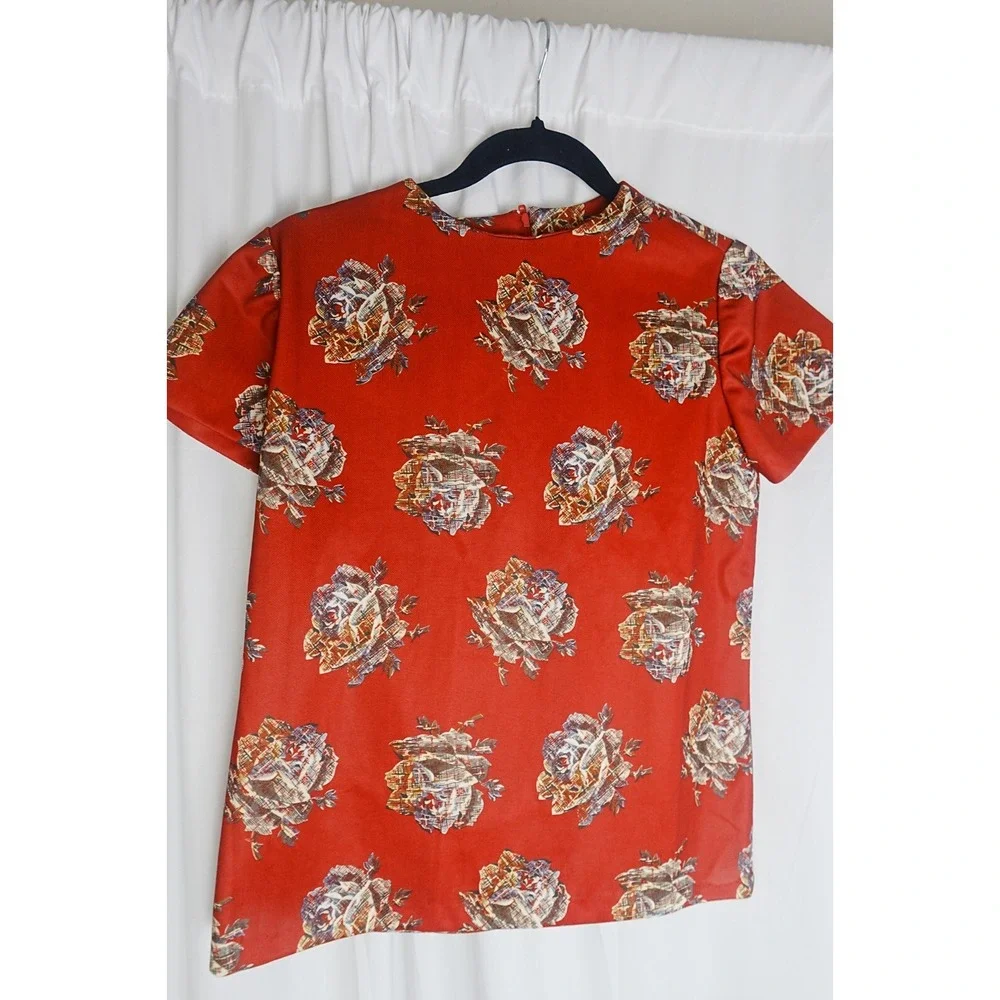 Vintage Womens Boho Blouse Red Top Sz Sm Floral Polyester Short Sleeve‎ Zipper